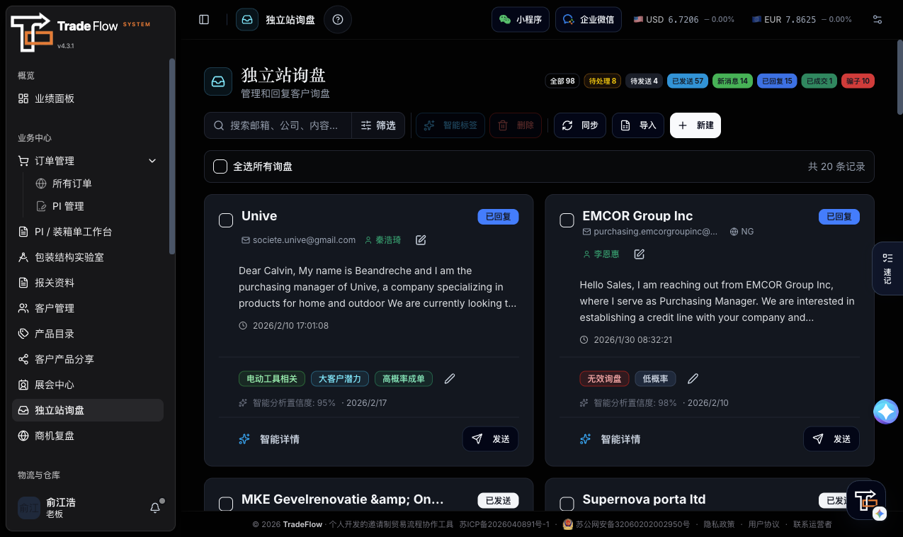 TradeFlow independent website inquiry inbox with customer conversations and response states